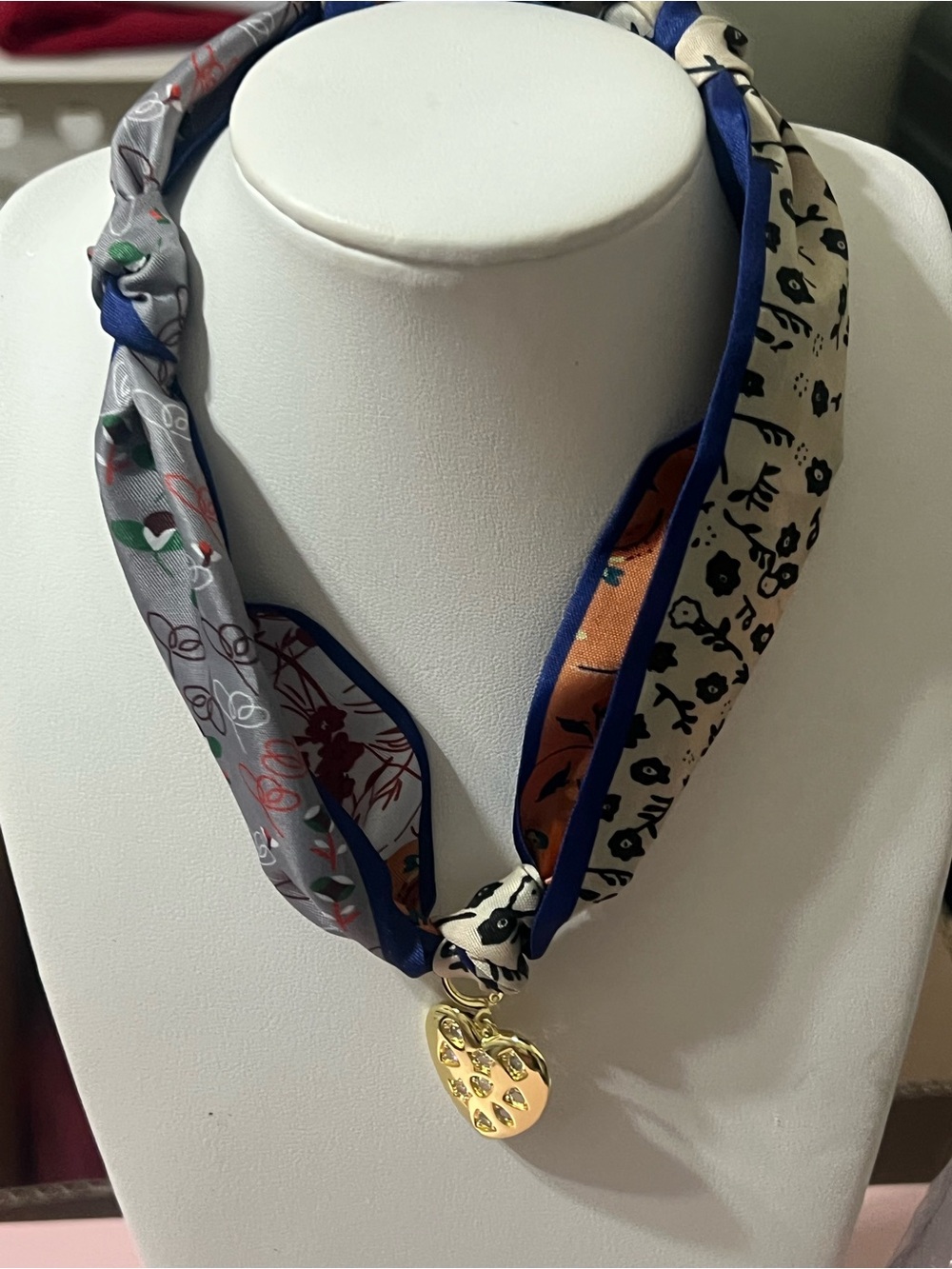 Patterned Multicolor Silk Scarf Necklace with Gold Heart Pendant